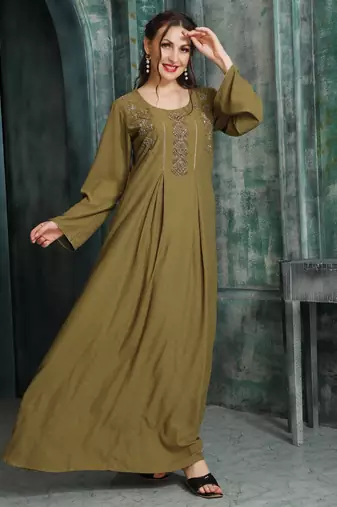 Rust Gold Embroidered Flared Jalabiya by Maxim Creation