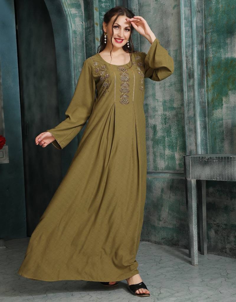 Rust Gold Embroidered Flared Jalabiya by Maxim Creation