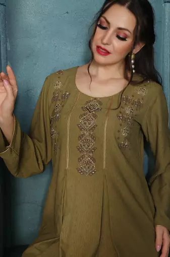 Rust Gold Embroidered Flared Jalabiya by Maxim Creation