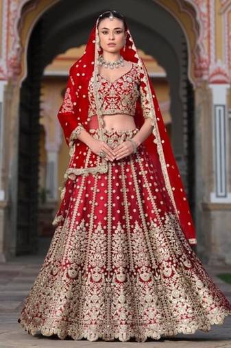 Red Net Semi Stitched Lehenga Choli with Stone Embroidery Work