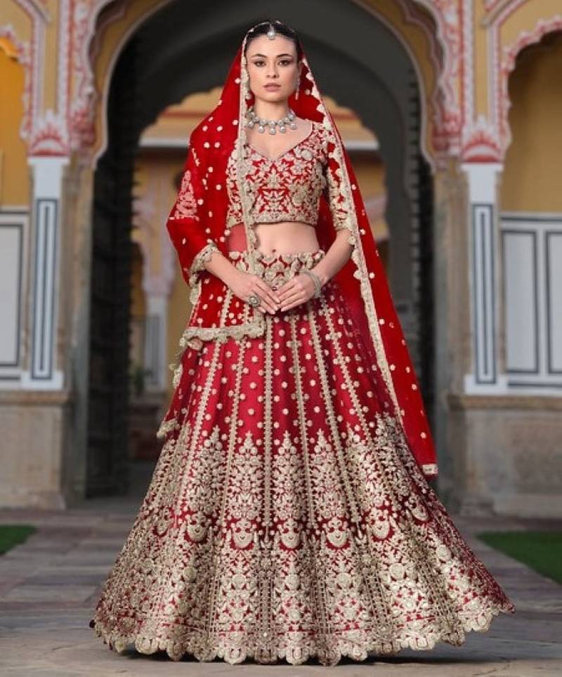Red Net Semi Stitched Lehenga Choli with Stone Embroidery Work