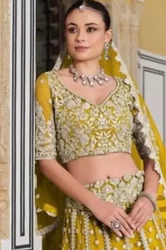 Yellow Net Semi Stitched Lehenga Choli with Stone Embroidery Work