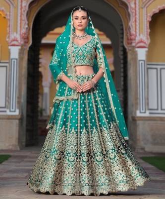 Turquoise Net Semi Stitched Lehenga Choli with Stone Embroidery Work 1