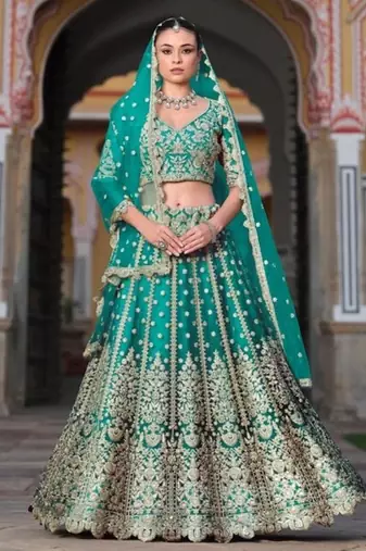 Turquoise Net Semi Stitched Lehenga Choli with Stone Embroidery Work