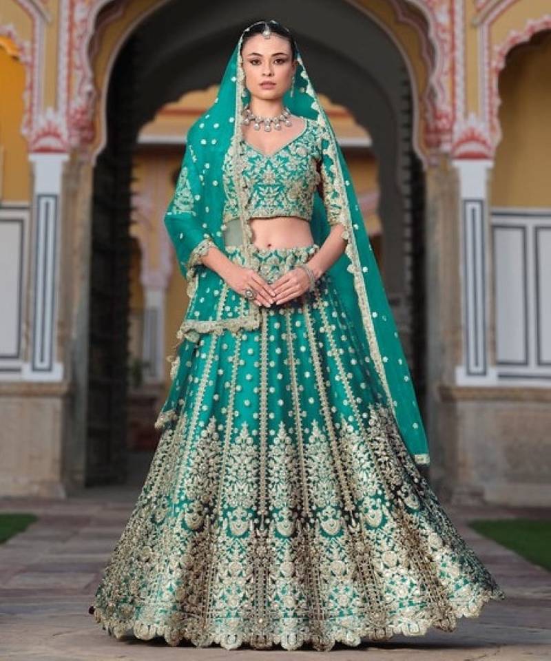Turquoise Net Semi Stitched Lehenga Choli with Stone Embroidery Work