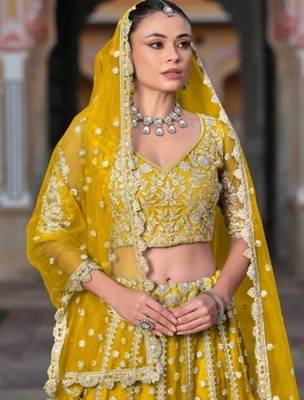 Yellow Net Semi Stitched Lehenga Choli with Stone Embroidery Work 3