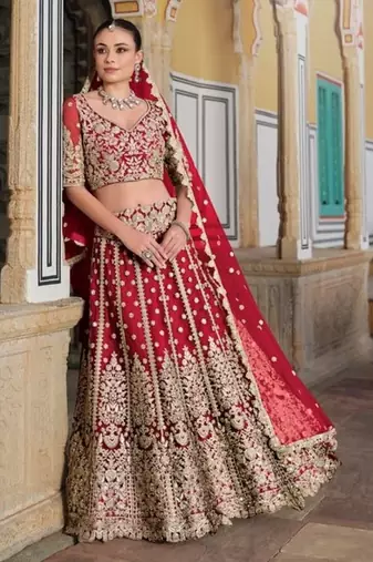 Red Net Semi Stitched Lehenga Choli with Stone Embroidery Work