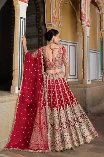 Red Net Semi Stitched Lehenga Choli with Stone Embroidery Work