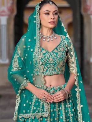 Turquoise Net Semi Stitched Lehenga Choli with Stone Embroidery Work 2