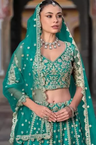 Turquoise Net Semi Stitched Lehenga Choli with Stone Embroidery Work