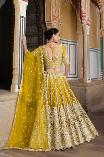 Yellow Net Semi Stitched Lehenga Choli with Stone Embroidery Work