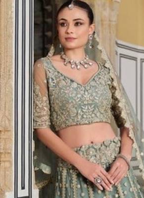 Green Net Semi Stitched Lehenga Choli with Stone Embroidery Work 1