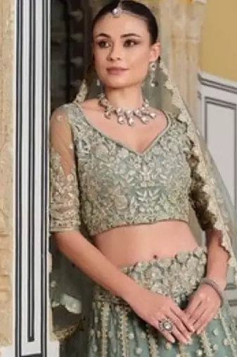 Green Net Semi Stitched Lehenga Choli with Stone Embroidery Work