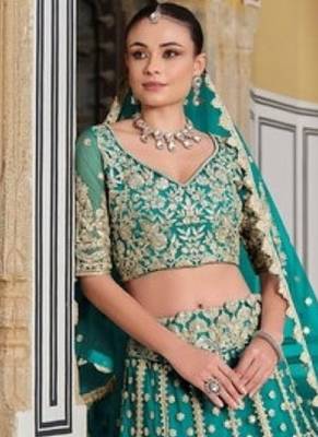 Turquoise Net Semi Stitched Lehenga Choli with Stone Embroidery Work 3