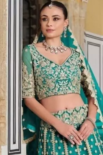Turquoise Net Semi Stitched Lehenga Choli with Stone Embroidery Work
