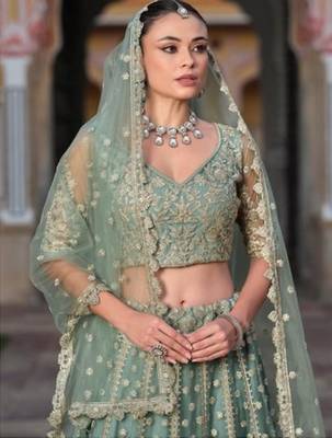 Green Net Semi Stitched Lehenga Choli with Stone Embroidery Work 2