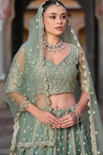 Green Net Semi Stitched Lehenga Choli with Stone Embroidery Work