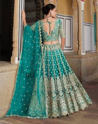 Turquoise Net Semi Stitched Lehenga Choli with Stone Embroidery Work 4