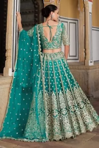 Turquoise Net Semi Stitched Lehenga Choli with Stone Embroidery Work