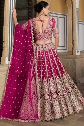 Magenta Net Semi Stitched Lehenga Choli with Stone Embroidery Work