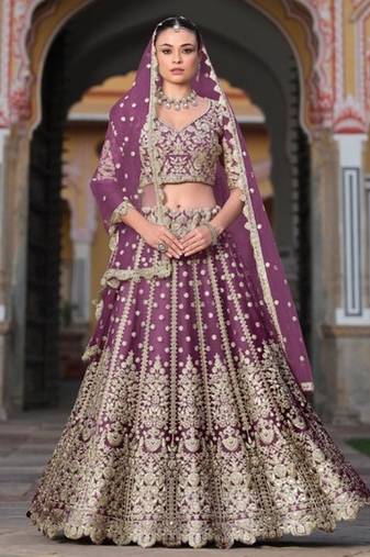 purple net lehenga choli with stone embroidery work