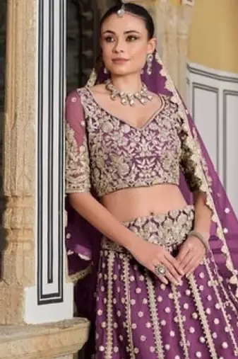 purple net lehenga choli with stone embroidery work