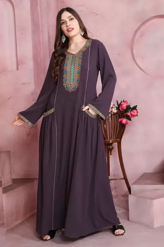 Plum Wine Embroidered Pocket Maxi Dress For Women