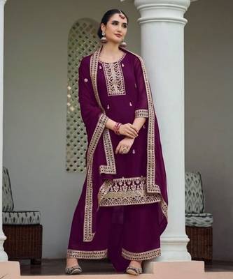purple faux georgette sequin embroidered suit 1