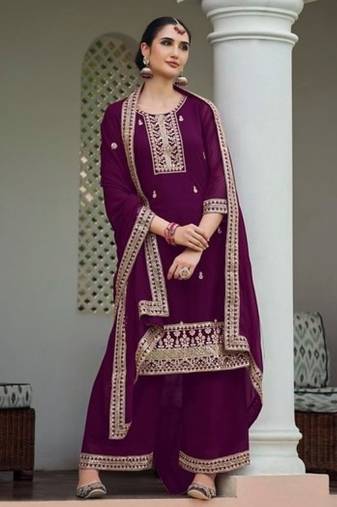 purple faux georgette sequin embroidered suit