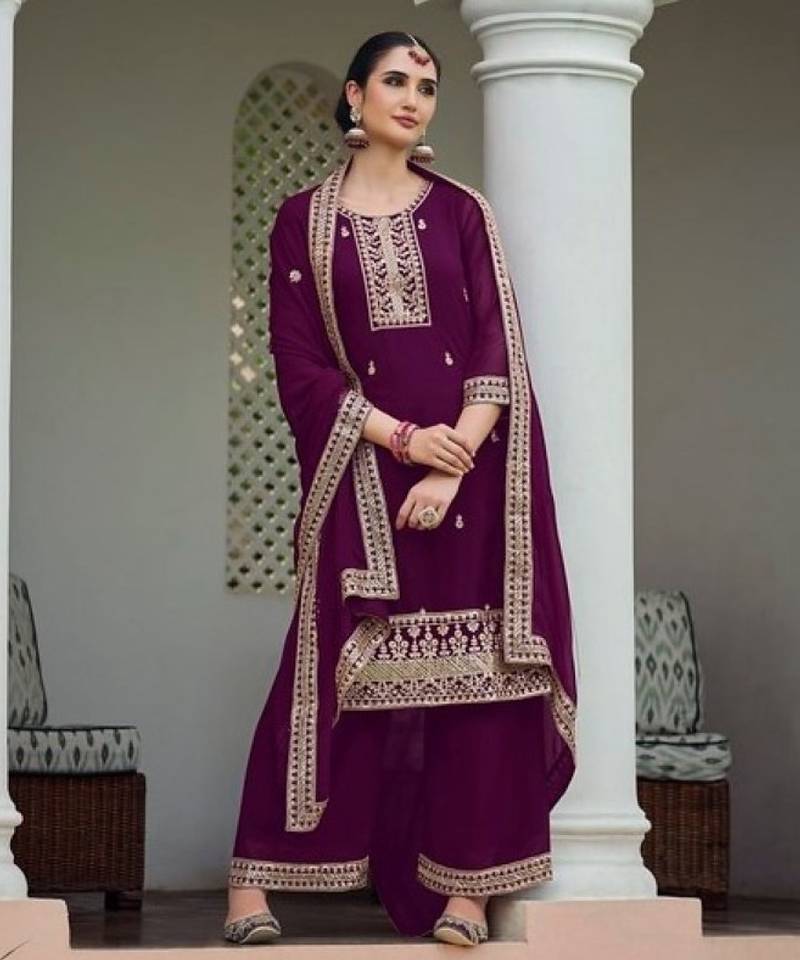 purple faux georgette sequin embroidered suit
