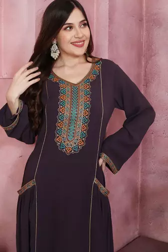 Plum Wine Embroidered Pocket Maxi Dress For Women