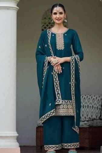 teal blue faux georgette sequin embroidered suit