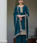 teal blue faux georgette sequin embroidered suit