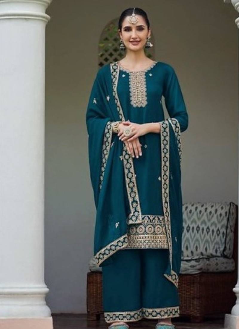 teal blue faux georgette sequin embroidered suit