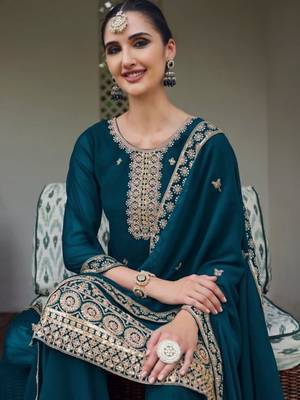 teal blue faux georgette sequin embroidered suit 2