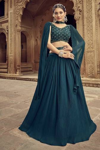 Teal Green Georgette Semi Stitched Lehenga Choli with Hand Work