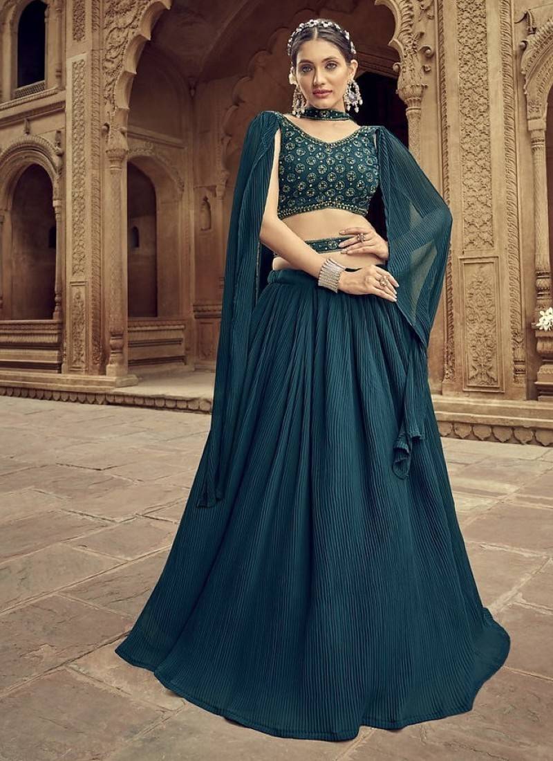Teal Green Georgette Semi Stitched Lehenga Choli with Hand Work