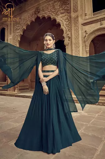 Teal Green Georgette Semi Stitched Lehenga Choli with Hand Work