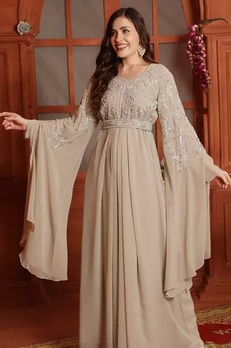 Silver Crystal Embellished Empire-Waist Dress in Beige