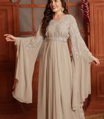 Silver Crystal Embellished Empire-Waist Dress in Beige