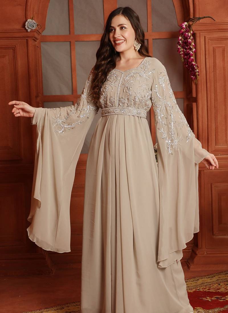 Silver Crystal Embellished Empire-Waist Dress in Beige
