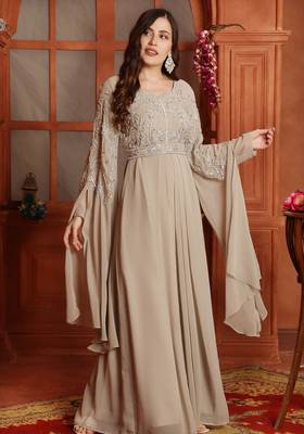 Silver Crystal Embellished Empire-Waist Dress in Beige 2