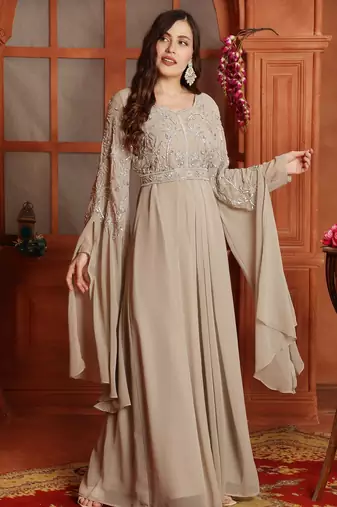 Silver Crystal Embellished Empire-Waist Dress in Beige