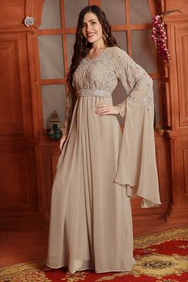 Silver Crystal Embellished Empire-Waist Dress in Beige 3