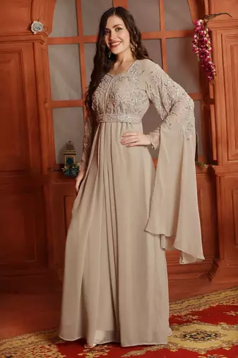 Silver Crystal Embellished Empire-Waist Dress in Beige