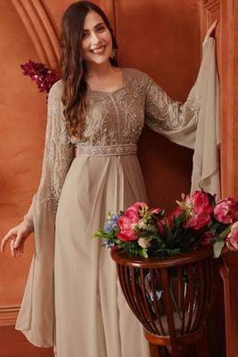 Silver Crystal Embellished Empire-Waist Dress in Beige 4