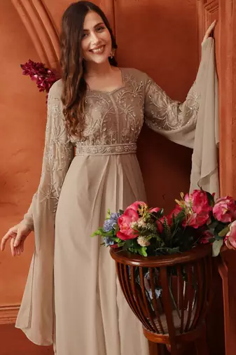Silver Crystal Embellished Empire-Waist Dress in Beige