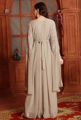 Silver Crystal Embellished Empire-Waist Dress in Beige 5