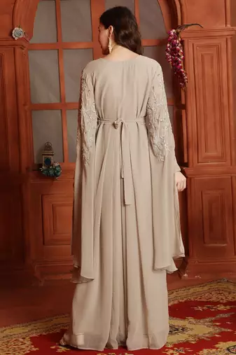 Silver Crystal Embellished Empire-Waist Dress in Beige