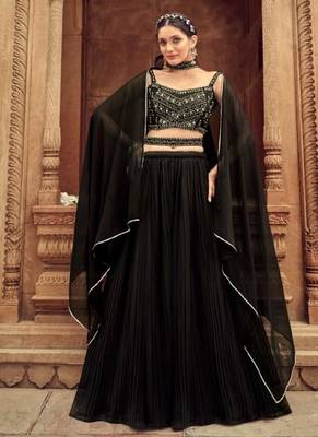 Black Georgette Semi Stitched Lehenga Choli with Hand Work 1